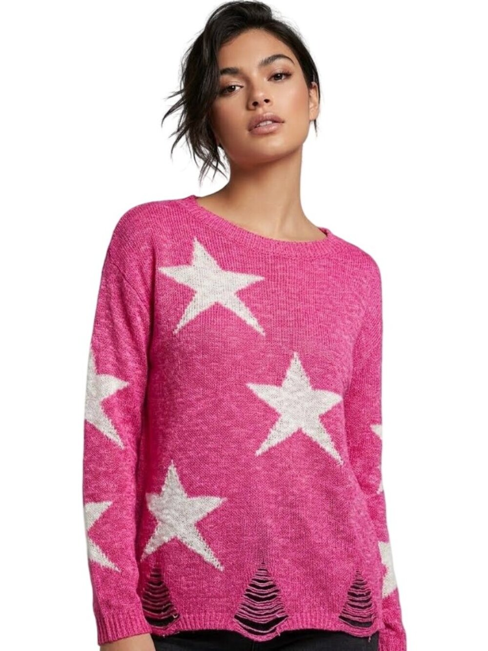La Miel Sweater Medium/Large Crewneck Distressed Star Print Long Sleeve Pullover